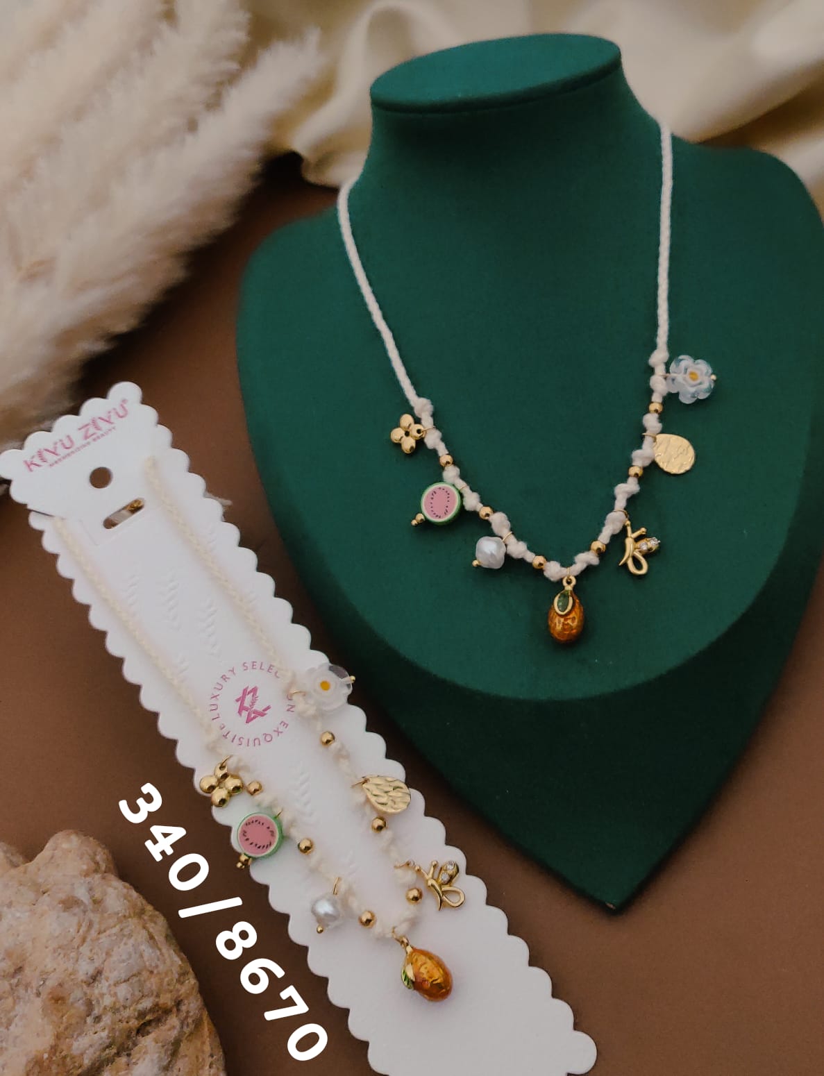 Anti-Tarnish White Beaded Charm Necklace – Gold Finish