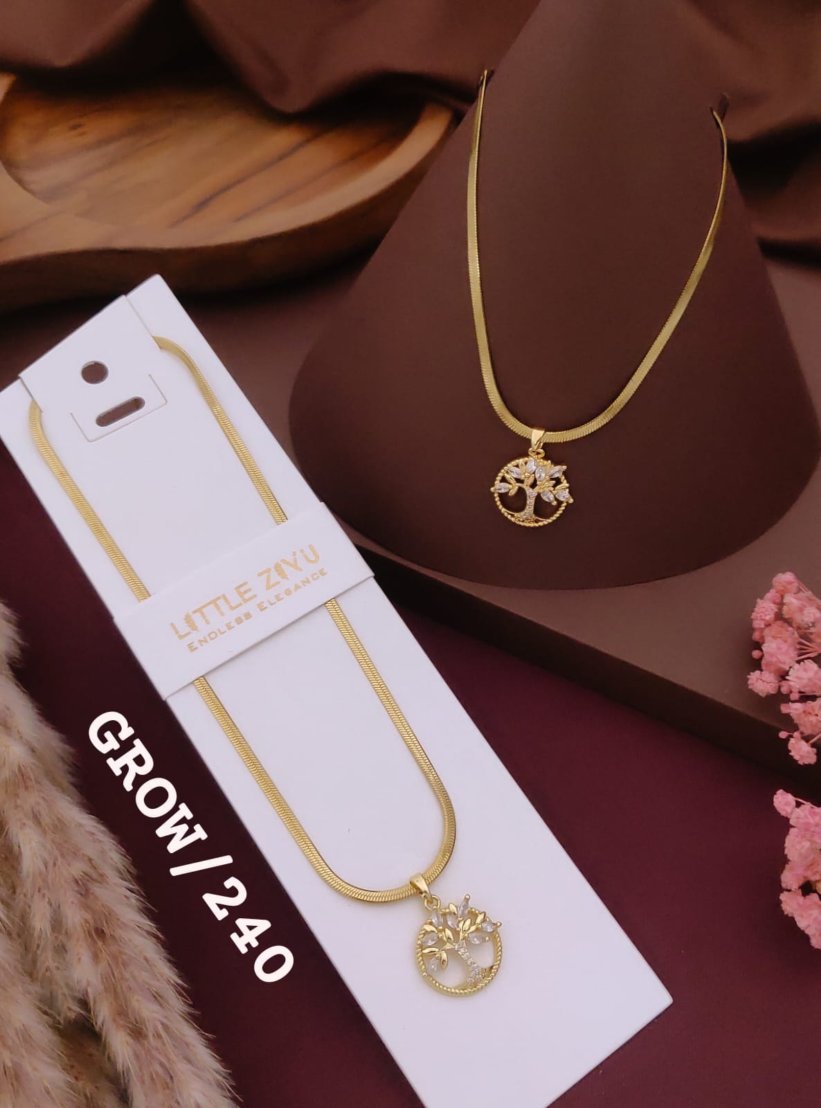 Golden Tree of Life Crystal Pendant Necklace