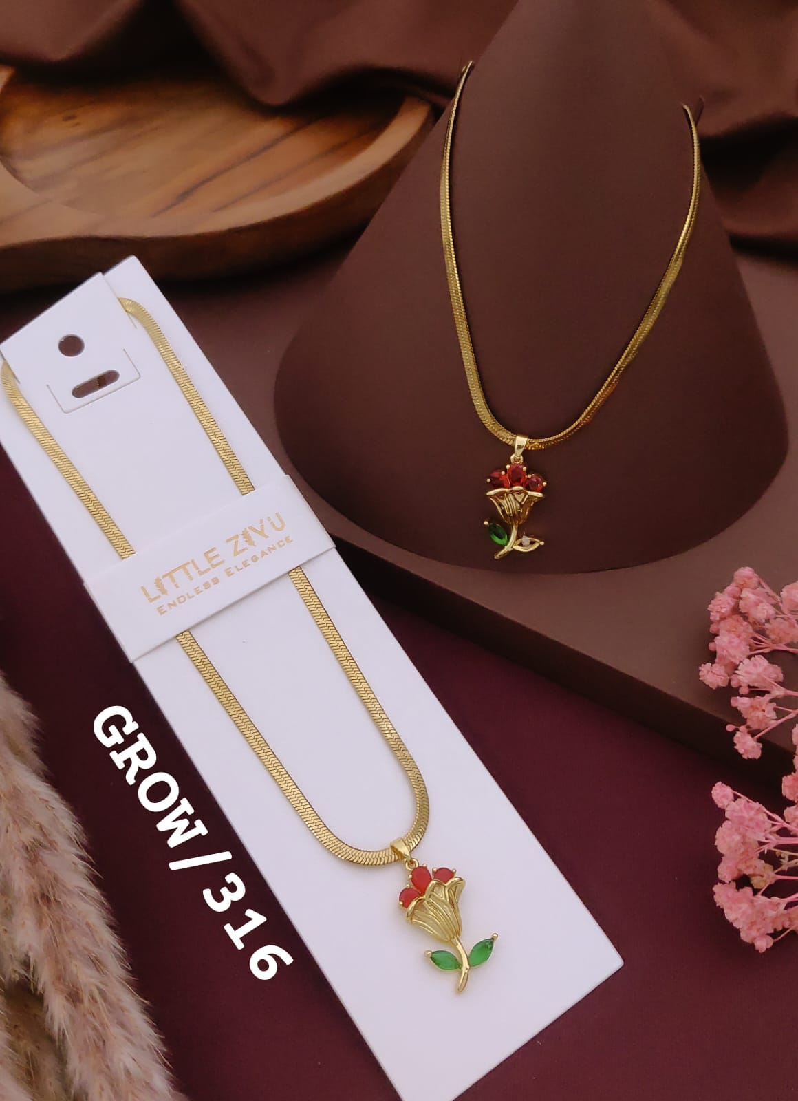 Elegant Red Rose Crystal Pendant Necklace