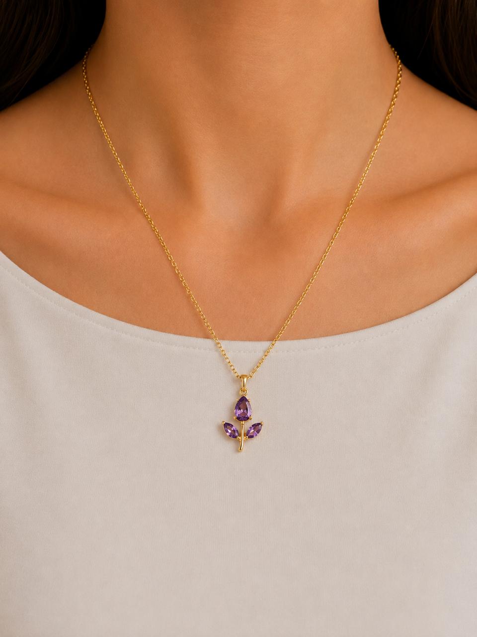 Elegant Purple Crystal Flower Pendant Necklace