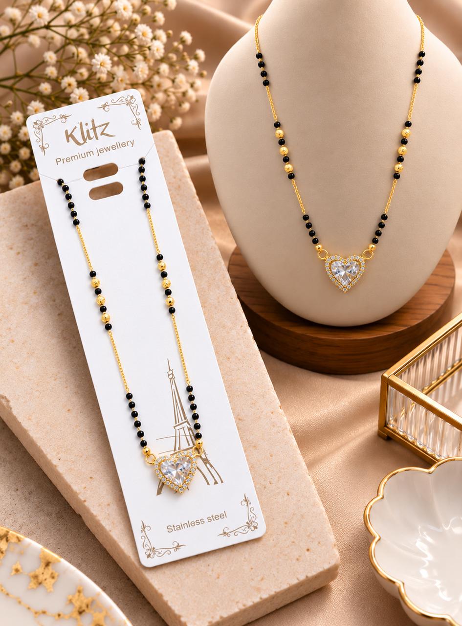 Crystal Heart Black Beads Mangalsutra