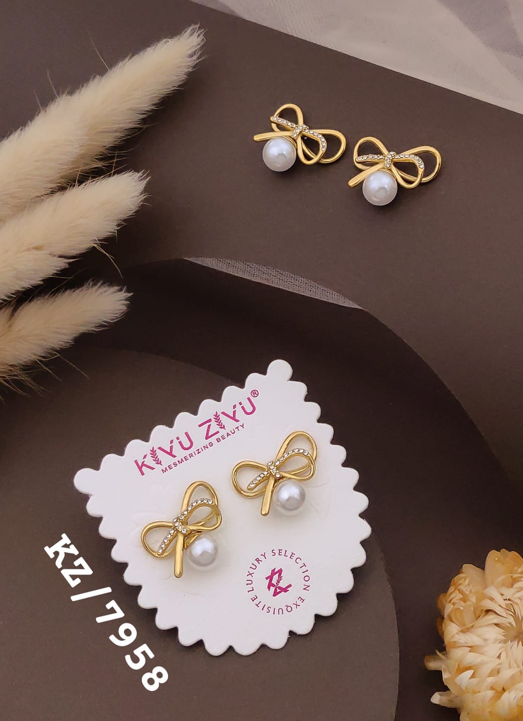 Pearl Bow Crystal Stud Earrings