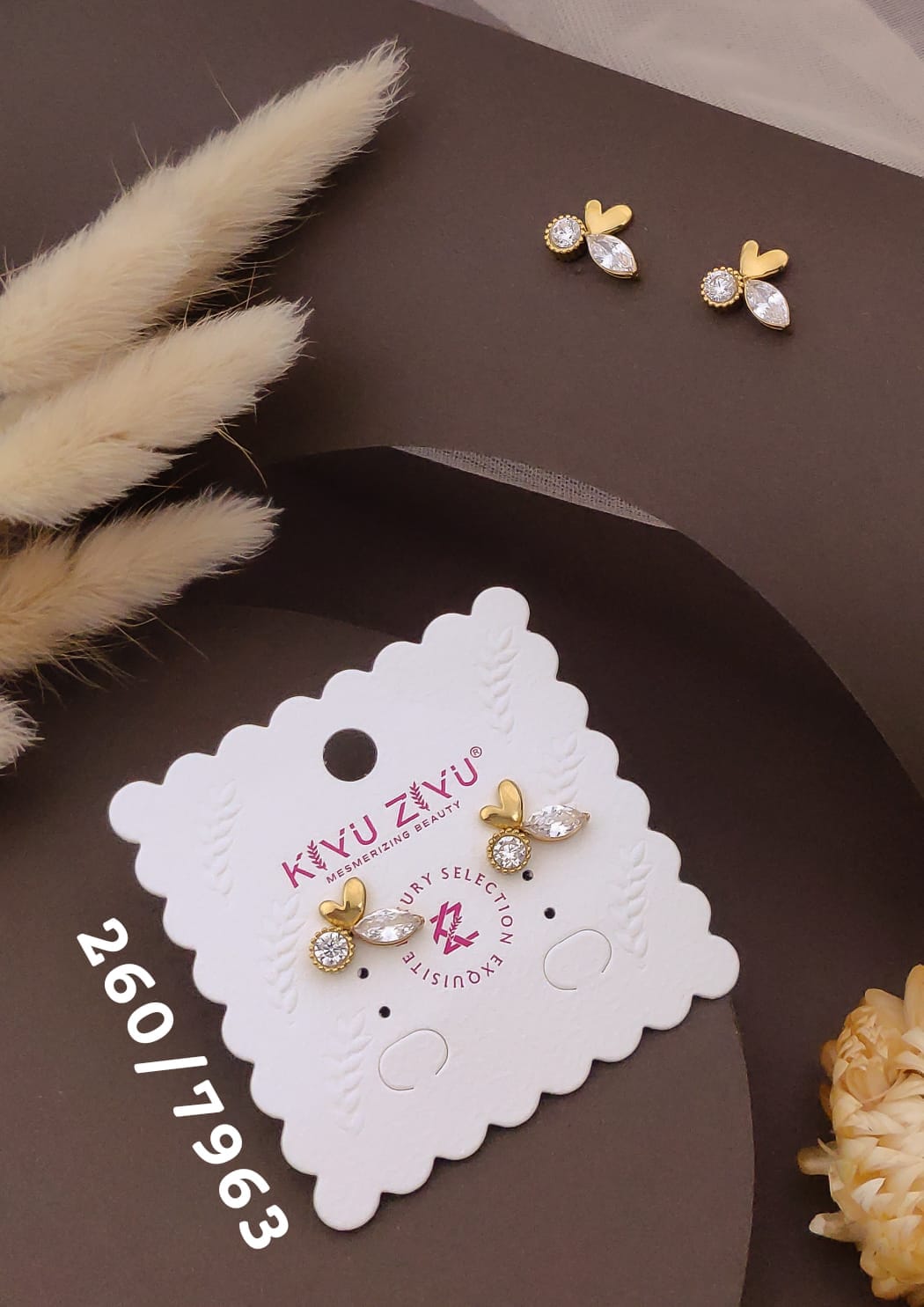 Golden Heart & Crystal Leaf Stud Earrings