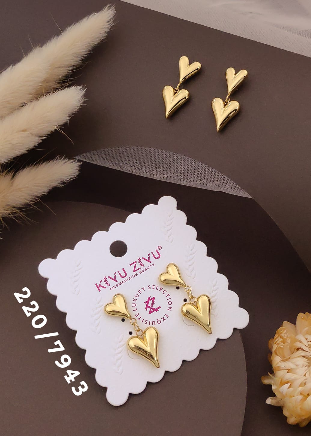 Double Heart Gold Drop Earrings