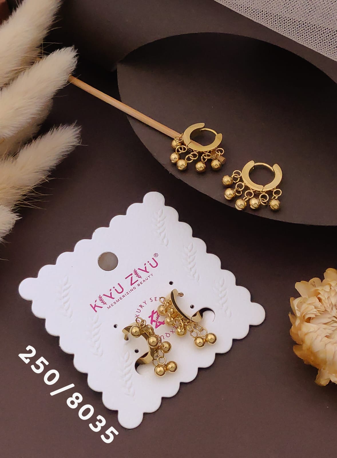 Golden Beaded Charm Hoop Earrings