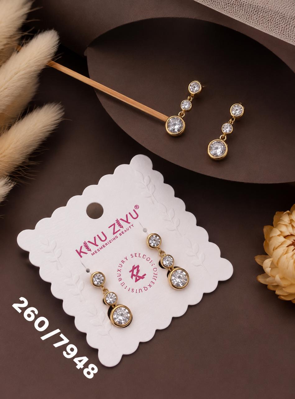 Elegant Triple-Crystal Gold Drop Earrings