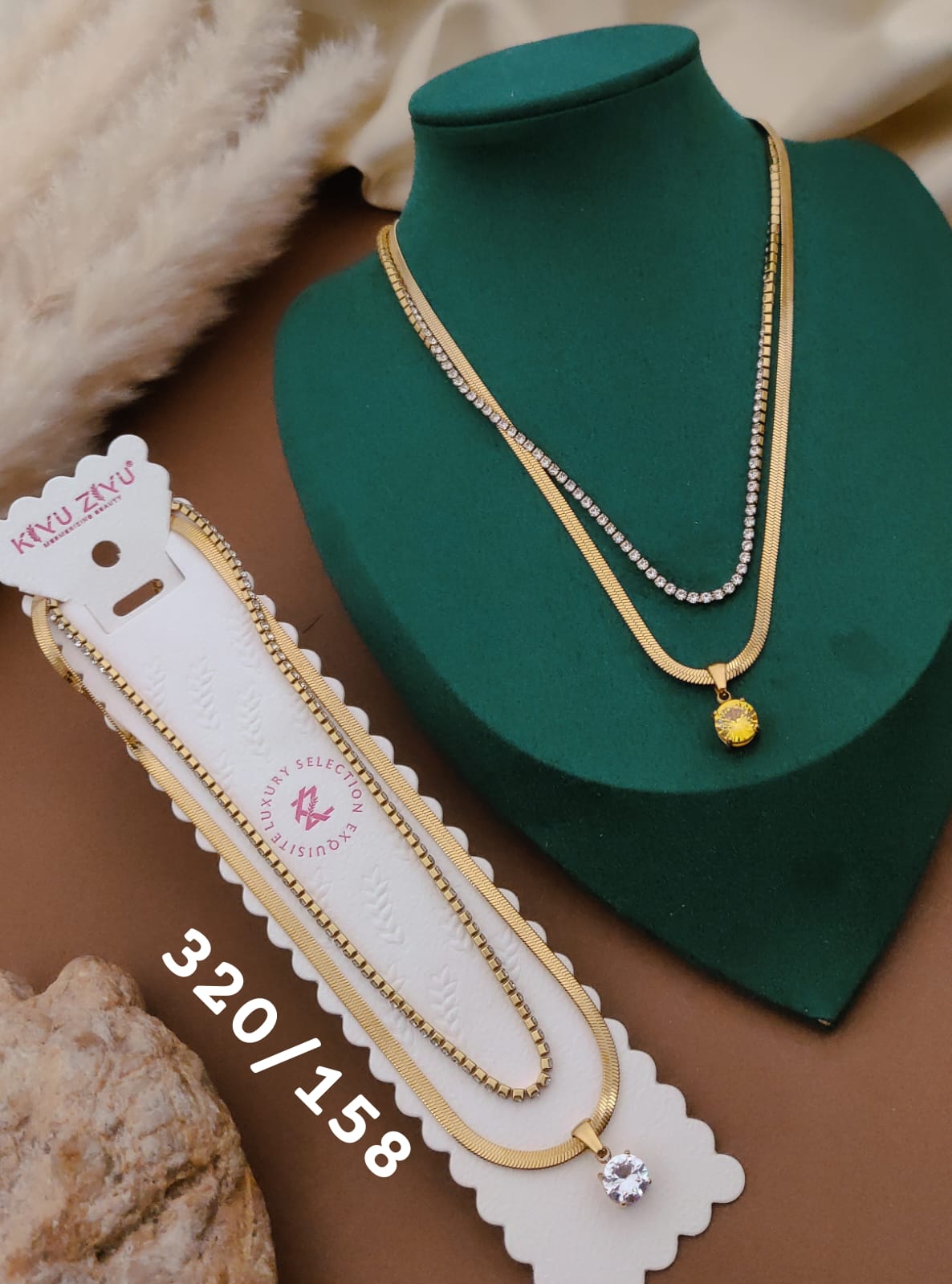 Premium Gold Layered Round Crystal Pendant Necklace