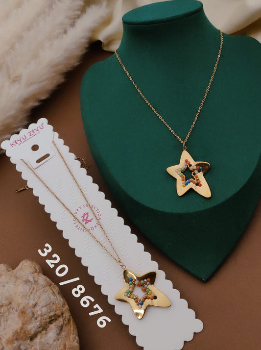 Gold Star Pendant Necklace with Multicolor Beads