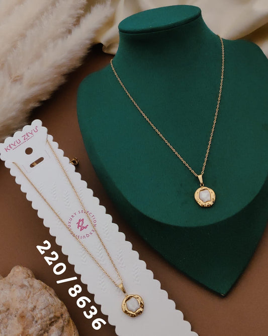 Gold Round Pendant Necklace with White Stone Detail