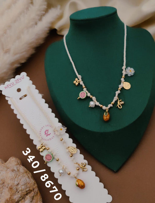 Anti-Tarnish White Beaded Charm Necklace – Gold Finish