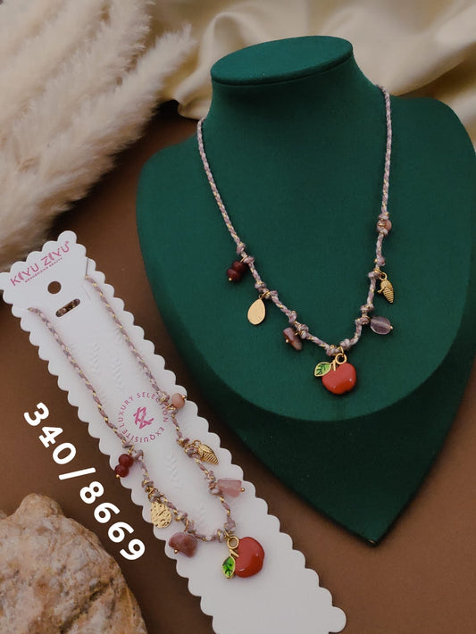Anti-Tarnish Apple Charm Beaded Necklace – Gold Finish