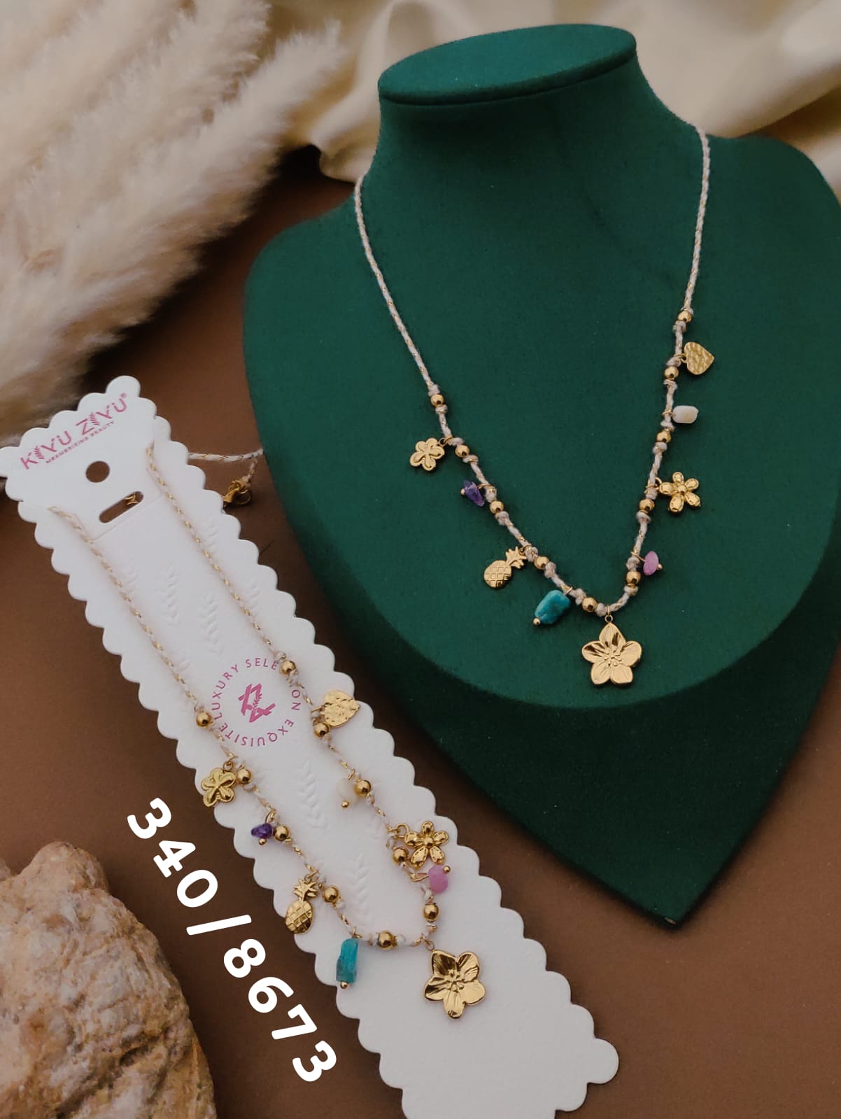 Anti-Tarnish Floral Charm Beaded Necklace – Gold Finish