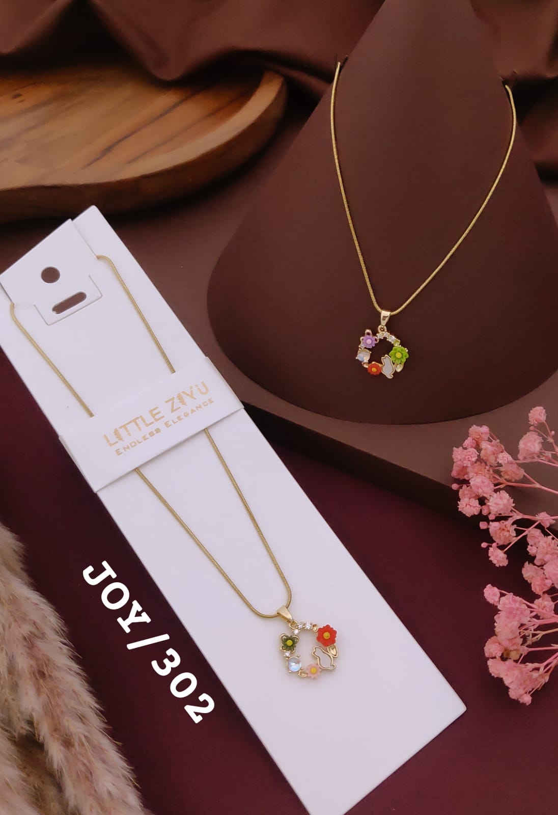 Golden Colorful Floral Charm Pendant Necklace