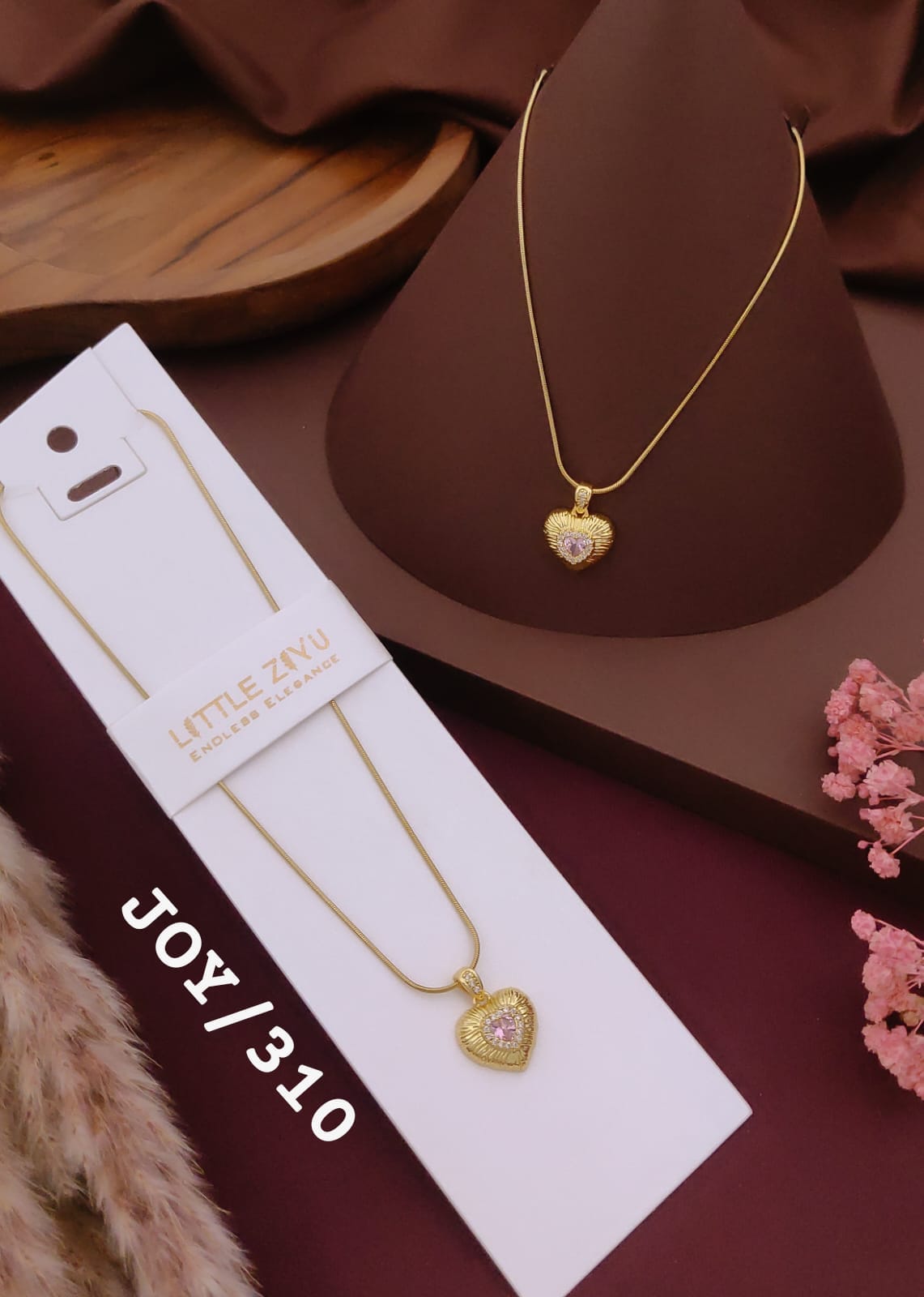 Golden Heart Pink Crystal Pendant Necklace
