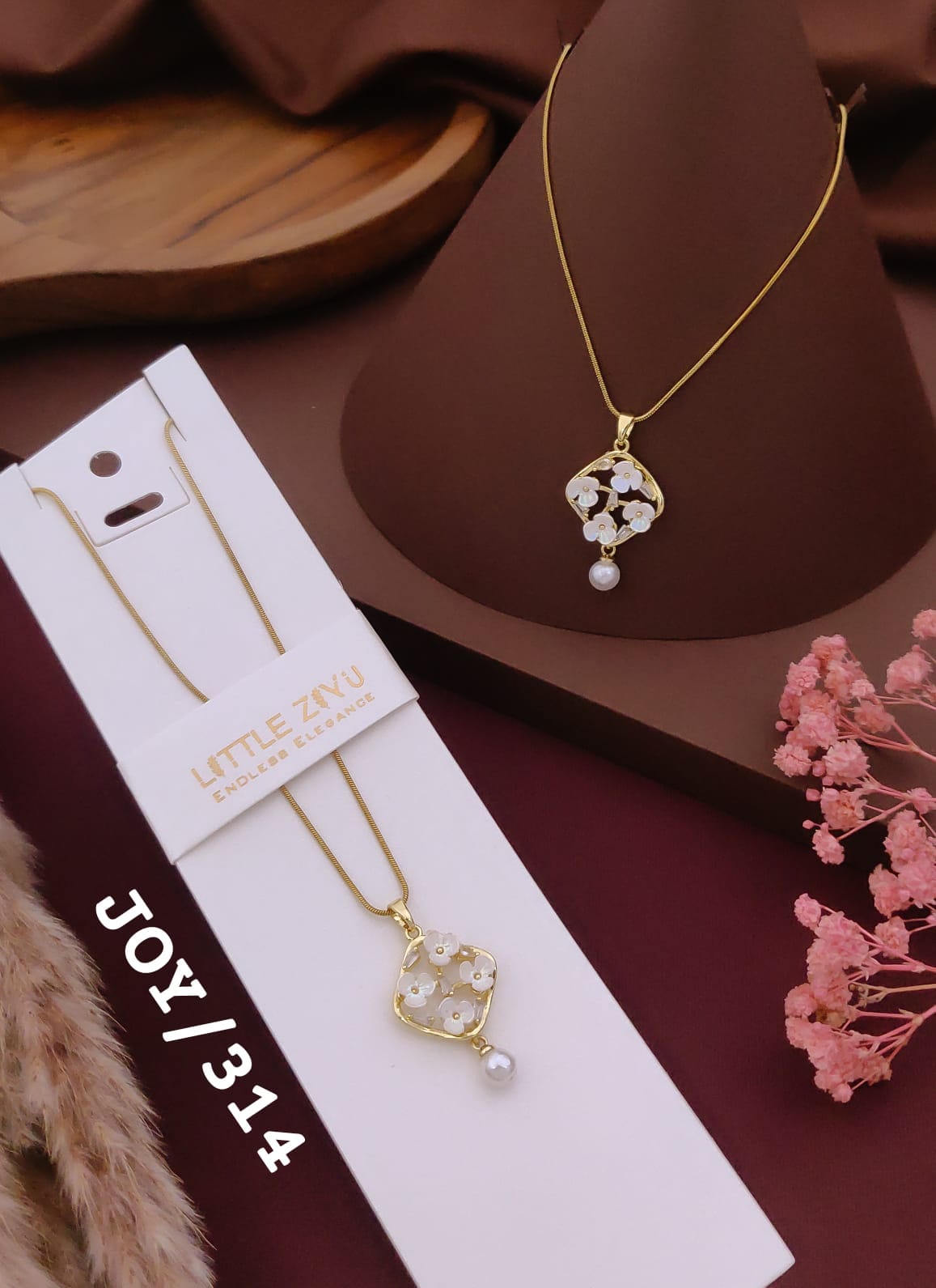 Golden Floral Pearl Charm Pendant Necklace