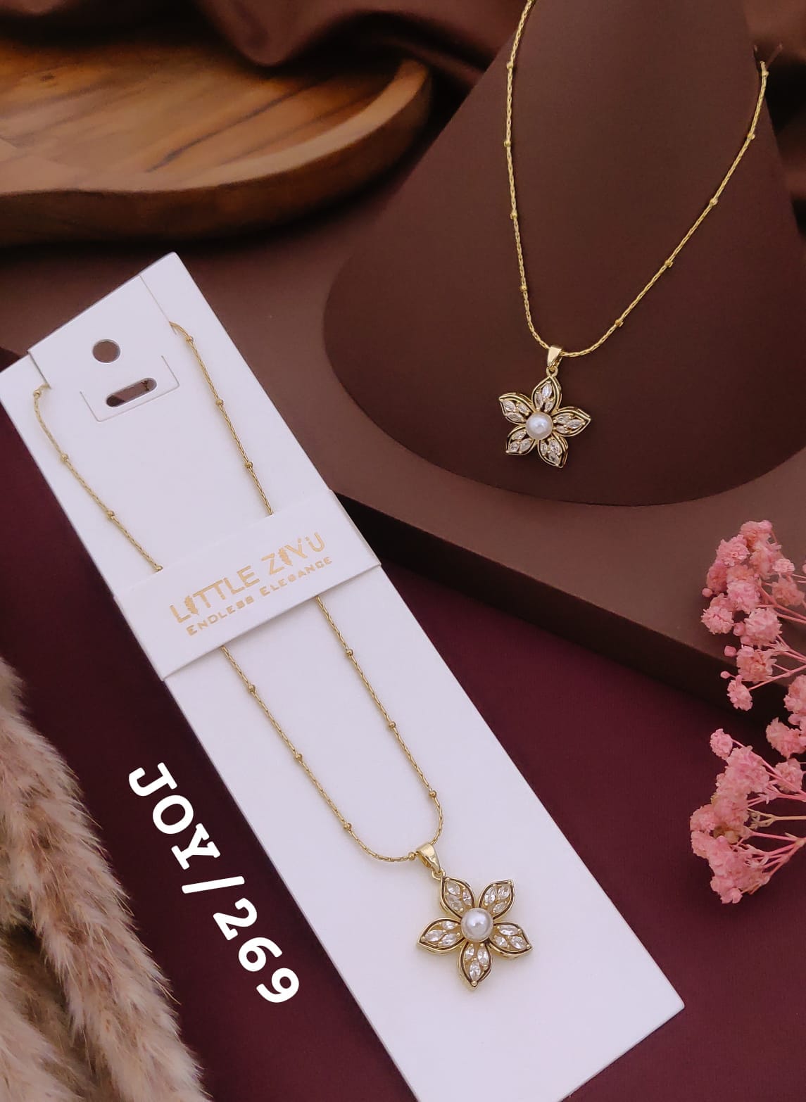 Golden Pearl Flower Crystal Pendant Necklace