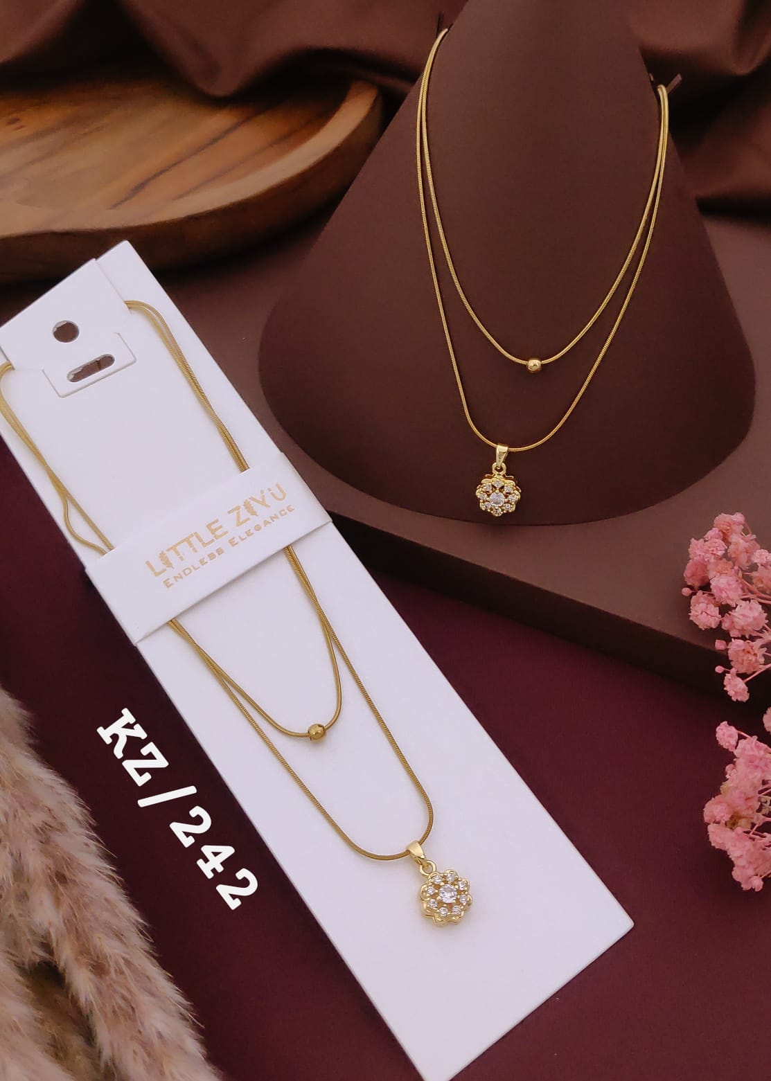 Elegant Floral Crystal Pendant Layered Necklace