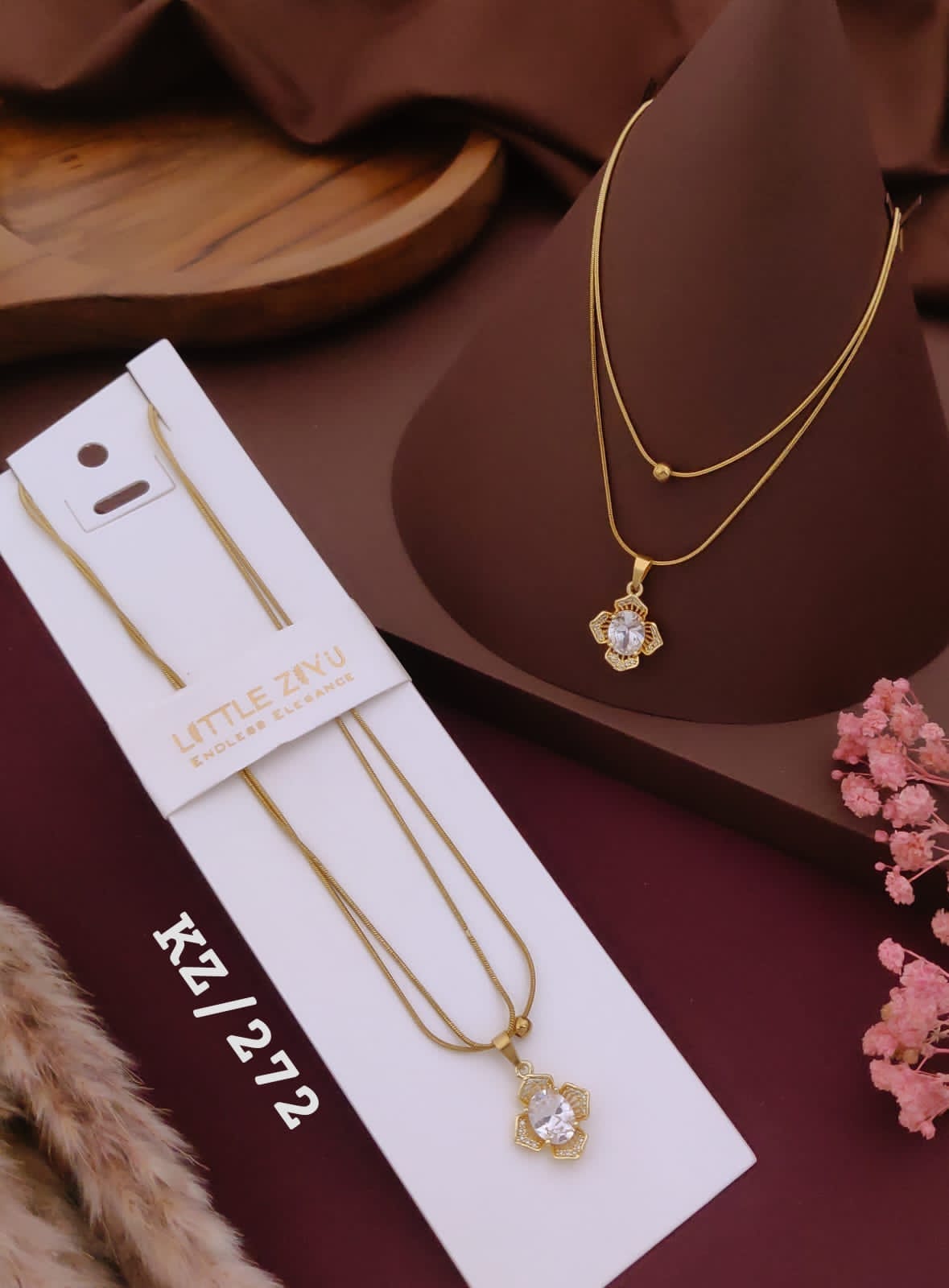 Elegant Floral Crystal Pendant Layered Necklace