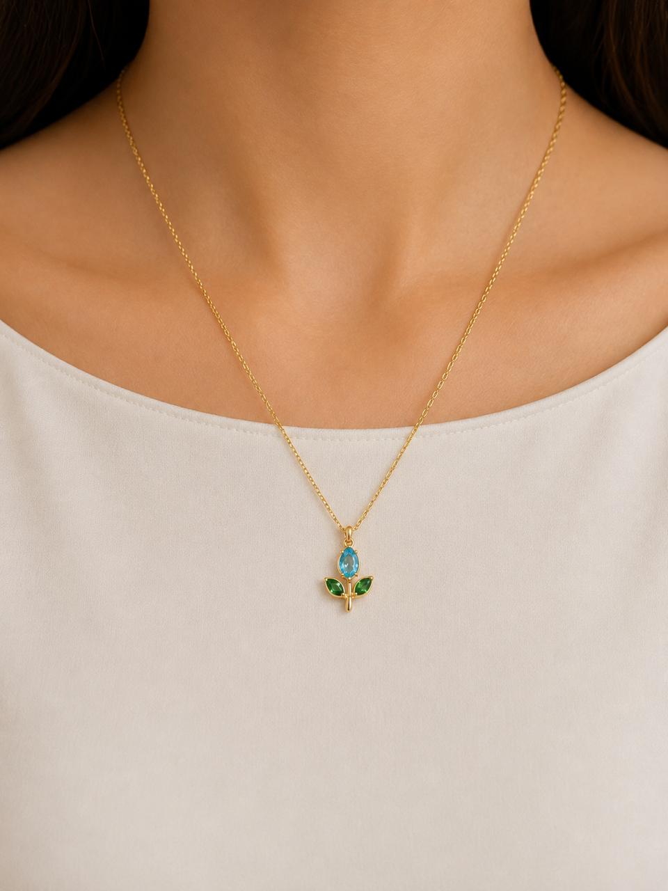 Elegant Blue Rose Pendant Gold-Tone Necklace