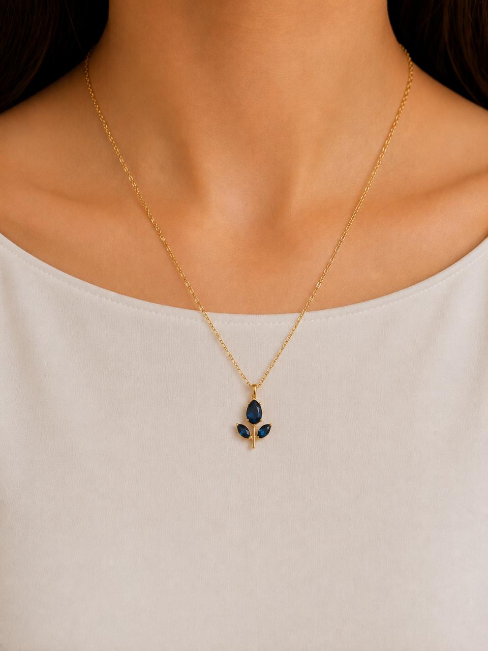 Elegant Navy Blue Crystal Leaf Pendant Necklace
