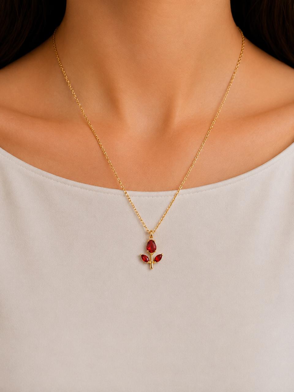 Elegant Red Crystal Rose Pendant Necklace