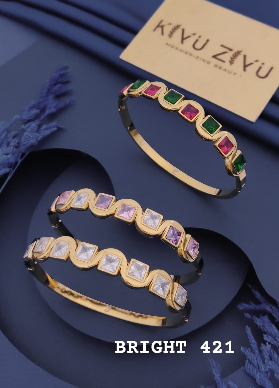 Multicolor Geometric Stone Gold Kada Bracelet