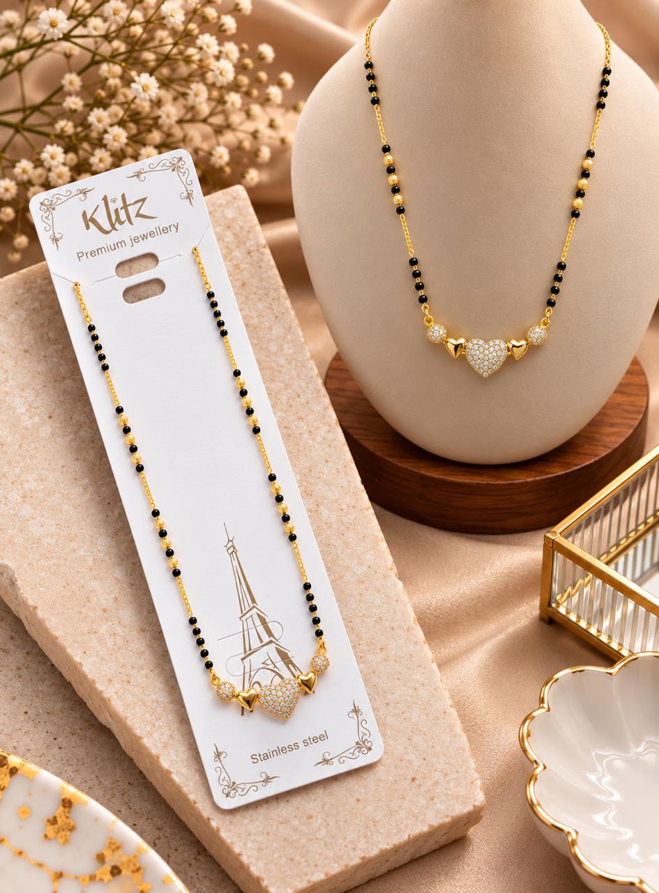 Elegant Crystal Heart Black Beaded Mangalsutra