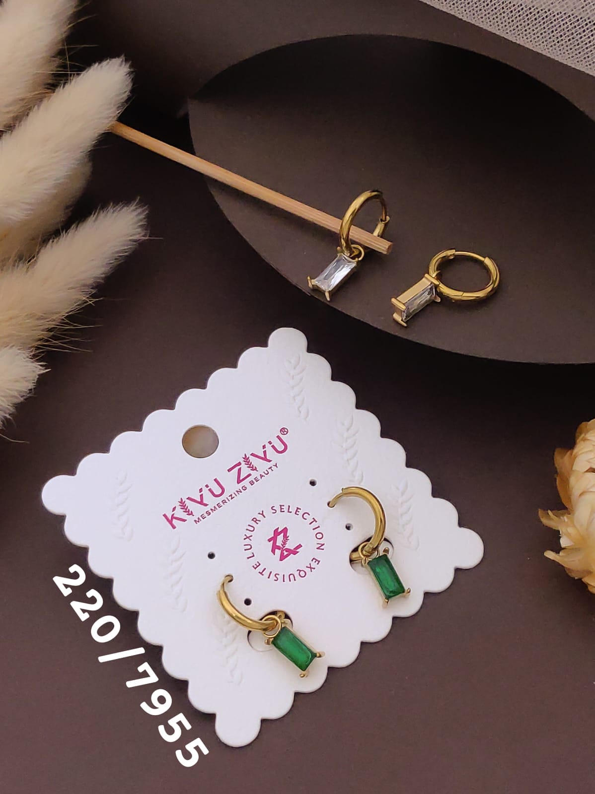 Golden Green & Crystal Drop Hoop Earrings