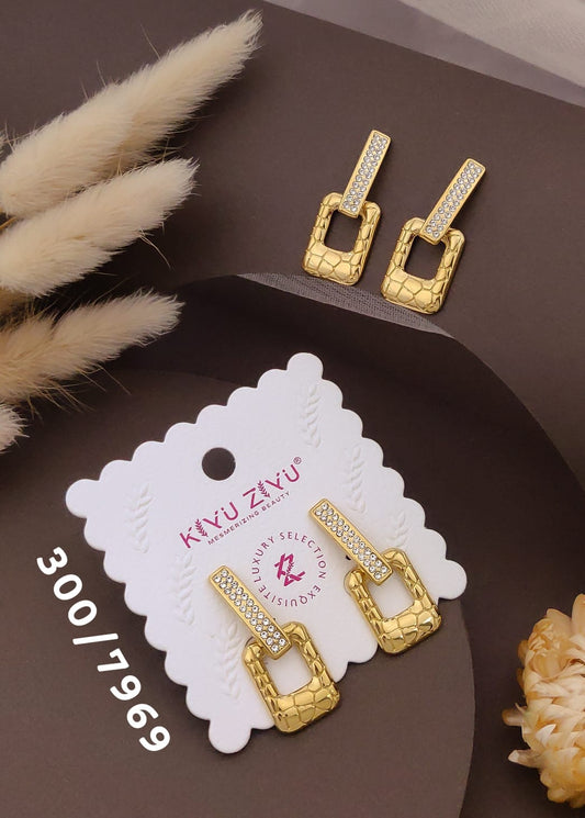 Golden Crystal Textured Rectangle Drop Earrings