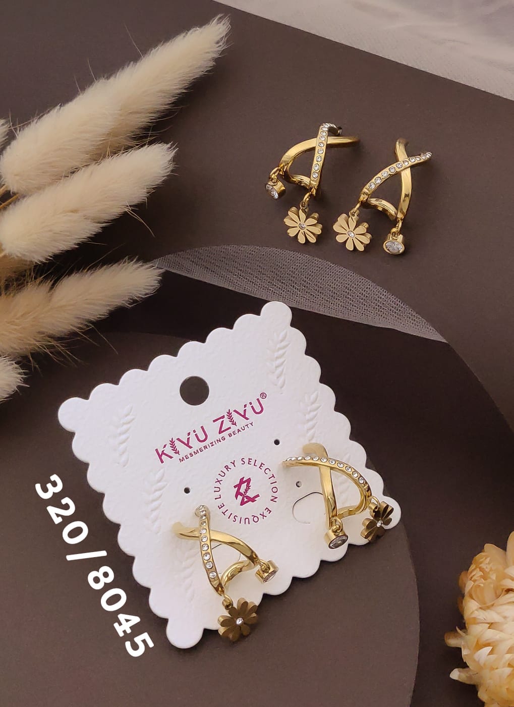 Golden Floral Crystal Drop Hoop Earrings