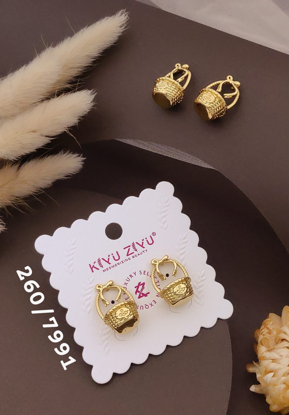 Golden Textured Basket Charm Hoop Earrings