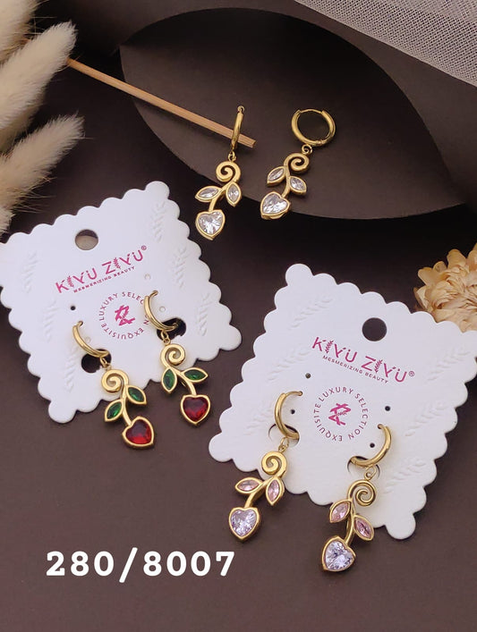 Elegant Leaf & Heart Crystal Drop Earrings