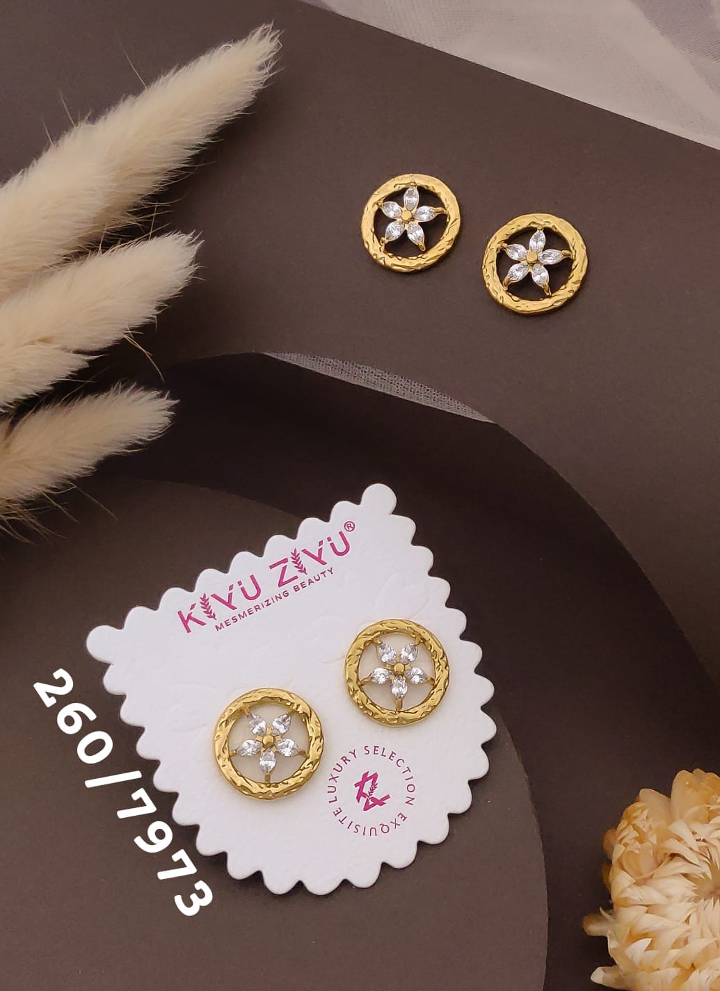 Golden Floral Crystal Circle Stud Earrings