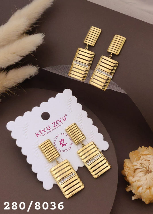 Luxury Gold Ribbed Crystal Bar Drop Earrings