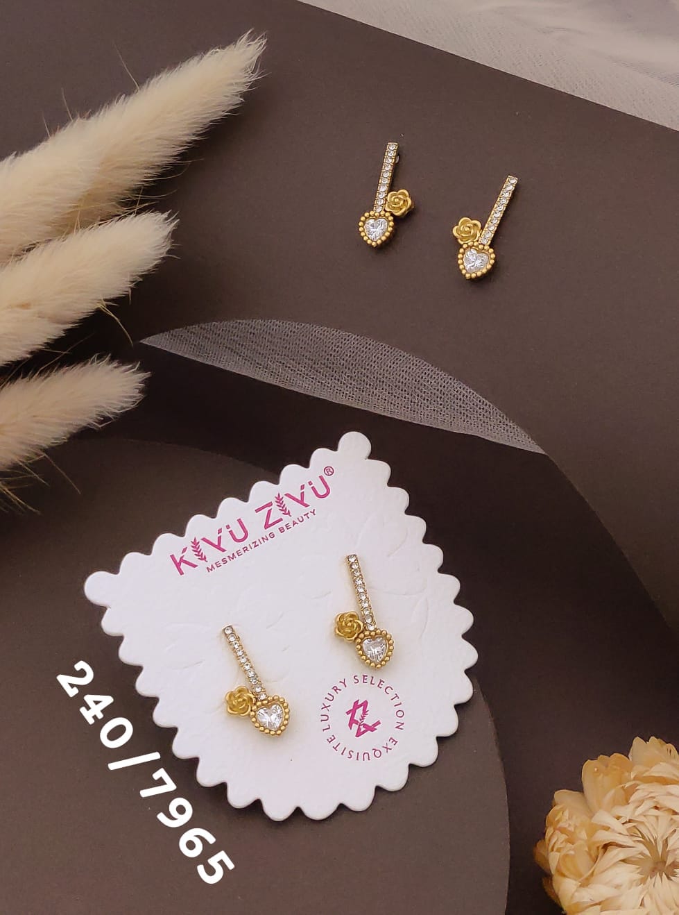 Golden Rose Heart Crystal Drop Earrings