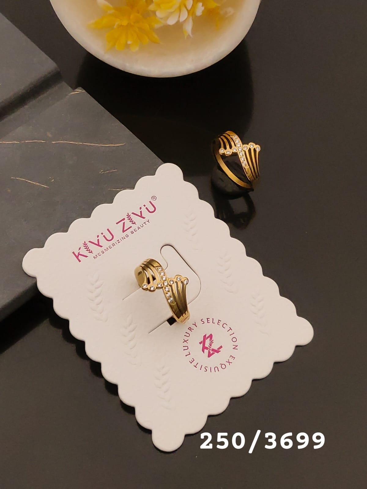 Elegant Gold-Tone Multi-Line Crystal Statement Ring