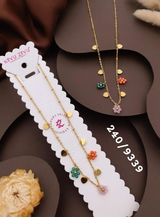Multicolor Floral Heart Charm Layered Necklace